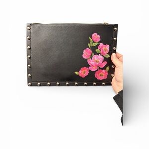 White House Black Market Black Studded Pink Peony Wristlet